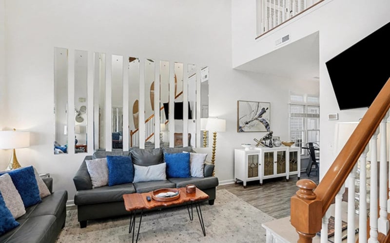 Two-story great room with soaring ceilings and room for the whole crew to gather